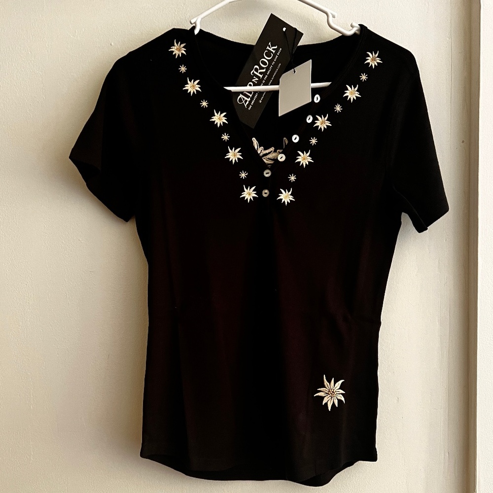 NEW ALP N ROCK short sleeve henley shirt  black embroidery mountain flower sz M